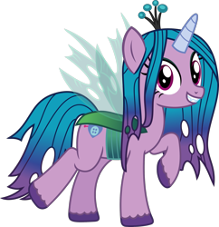 Size: 2243x2316 | Tagged: safe, artist:sketchmcreations, imported from derpibooru, izzy moonbow, queen chrysalis, changeling, changeling queen, clothes, costume, crown, eyeshadow, female, g4, g5, g5 to g4, generation leap, grin, jewelry, looking at you, makeup, mare, mlp fim's twelfth anniversary, nightmare night costume, raised hoof, regalia, simple background, smiling, solo, transparent background, vector, wings