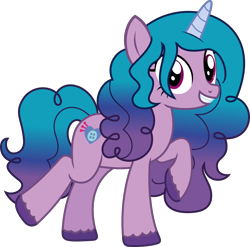 Size: 2205x2180 | Tagged: safe, alternate version, artist:sketchmcreations, imported from derpibooru, izzy moonbow, pony, unicorn, female, g4, g5, g5 to g4, generation leap, grin, looking at you, mare, raised hoof, simple background, smiling, solo, transparent background, vector