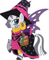 Size: 3000x3668 | Tagged: safe, artist:cloudy glow, imported from derpibooru, zecora, zebra, .ai available, bag, book, cape, clothes, costume, female, high res, leg rings, looking at you, neck rings, nightmare night, saddle bag, simple background, smiling, solo, transparent background, vector