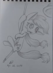 Size: 1484x2048 | Tagged: safe, artist:mcpearly, imported from derpibooru, applejack, earth pony, pony, monochrome, open mouth, open smile, smiling, solo, swinging, traditional art
