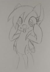 Size: 1406x2048 | Tagged: safe, artist:mcpearly, imported from derpibooru, derpy hooves, pegasus, pony, :p, derp, hooves on cheeks, monochrome, sketch, solo, tongue out, traditional art