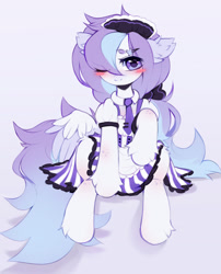 Size: 1280x1585 | Tagged: safe, artist:astralblues, imported from derpibooru, oc, oc only, pegasus, pony, blushing, clothes, dress, eye clipping through hair, eyebrows, eyebrows visible through hair, maid, maid headdress, necktie, solo