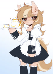 Size: 1280x1783 | Tagged: safe, artist:astralblues, imported from derpibooru, oc, oc only, semi-anthro, chest fluff, clothes, cup, ear fluff, eye clipping through hair, eyebrows, eyebrows visible through hair, lidded eyes, looking at you, maid, raised eyebrow, solo, stockings, teacup, teapot, thigh highs