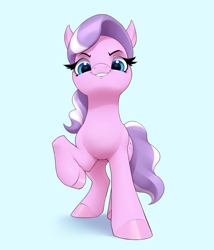 Size: 3080x3600 | Tagged: safe, artist:aquaticvibes, imported from derpibooru, diamond tiara, earth pony, pony, female, filly, foal, front view, looking at you, looking down, looking down at you, raised hoof, simple background, smiling, smiling at you, solo, white background
