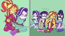 Size: 2954x1641 | Tagged: safe, artist:bugssonicx, imported from derpibooru, part of a set, sci-twi, starlight glimmer, sunset shimmer, twilight sparkle, human, equestria girls, beanie, betrayal, betrayed, big smile, bondage, bound and gagged, cloth gag, clothes, doppelganger, duality, escape, eyes closed, footed sleeper, footie pajamas, freeing, gag, glasses, grin, hat, human starlight, human sunset, kidnapped, nightgown, onesie, over the nose gag, pajamas, part of a series, ponytail, rope, rope bondage, sleepover, slippers, slumber party, smiling, socks, split screen, tied up, two sides, untying