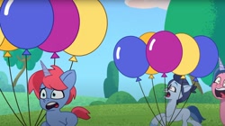 Size: 1680x941 | Tagged: safe, imported from derpibooru, screencap, pony, unicorn, spoiler:g5, spoiler:my little pony: tell your tale, spoiler:tyts01e33, balloon, filly filling, g5, kazoo (g5), my little pony: tell your tale, plum library, running, running away, unnamed character, unnamed pony