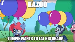 Size: 892x500 | Tagged: safe, edit, edited screencap, imported from derpibooru, screencap, pony, unicorn, spoiler:g5, spoiler:my little pony: tell your tale, spoiler:tyts01e33, balloon, caption, filly filling, g5, image macro, kazoo (g5), my little pony: tell your tale, panic, plum library, running, running away, text, unnamed character, unnamed pony