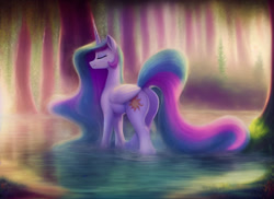 Size: 2816x2048 | Tagged: safe, imported from derpibooru, princess celestia, alicorn, pony, ai assisted, ai content, butt, ethereal mane, ethereal tail, eyes closed, generator:pony diffusion v1, generator:stable diffusion, lake, long mane, long tail, plot, prompter:siber, reflection, smiling, solo, sunbutt, tail, the quality of ai art is frightening, tree, water