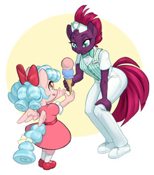 Size: 1280x1452 | Tagged: safe, artist:dstears, imported from derpibooru, cozy glow, fizzlepop berrytwist, tempest shadow, anthro, pegasus, plantigrade anthro, unicorn, bow, clothes, cozybetes, cute, dress, female, food, hair bow, hat, ice cream, name tag, neck bow, shoes, tongue out, uniform