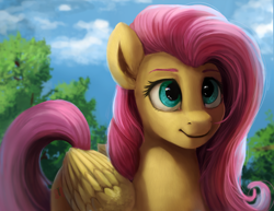 Size: 1920x1481 | Tagged: safe, artist:camyllea, imported from derpibooru, fluttershy, pegasus, pony, ear fluff, eyebrows, female, folded wings, mare, outdoors, solo, three quarter view, wings