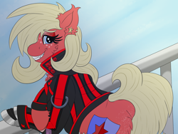 Size: 1600x1200 | Tagged: safe, artist:gray star, imported from derpibooru, oc, oc only, oc:scarlet star, cyborg, earth pony, pony, butt freckles, chest fluff, clothes, cyberpunk, ear fluff, ear piercing, female, fluffy, freckles, glasses, jacket, leather, leather jacket, mare, nighthaze, piercing, simple background, solo, trans female, transgender, transgender oc, transparent background, unshorn fetlocks