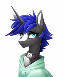 Size: 3413x4096 | Tagged: safe, artist:buvanybu, imported from derpibooru, oc, oc only, pony, unicorn, blaze (coat marking), chest fluff, clothes, coat markings, facial markings, heterochromia, high res, hoodie, looking at you, simple background, slim, solo, white background