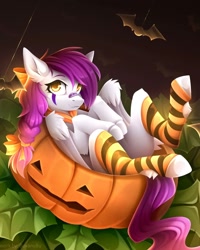 Size: 1080x1350 | Tagged: safe, artist:buvanybu, imported from derpibooru, oc, oc only, pegasus, pony, bandaid, bandaid on nose, clothes, halloween, holiday, jack-o-lantern, pumpkin, socks, solo, striped socks