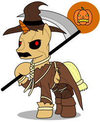 Size: 2160x2650 | Tagged: safe, artist:metal-jacket444, imported from derpibooru, pony, unicorn, batman, clothes, cutie mark, dc comics, halloween, hat, holiday, jack-o-lantern, mask, noose, ponified, pumpkin, rope, sack, scythe, simple background, solo, stitches, white background, witch hat