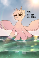 Size: 4000x6000 | Tagged: safe, artist:kainy, imported from derpibooru, alicorn, anthro, unguligrade anthro, breasts, chest fluff, commission, ocean, shine, smiling, solo, sun, water, your character here