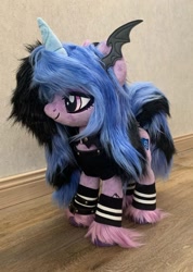 Size: 768x1080 | Tagged: artist needed, source needed, safe, imported from derpibooru, izzy moonbow, pony, unicorn, bat ears, clothes, costume, female, front view, g5, goth, goth izzy, irl, nightmare night costume, photo, plushie, smiling, solo