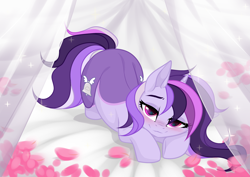 Size: 3465x2454 | Tagged: safe, artist:kawaiizhele, imported from derpibooru, oc, oc only, oc:dreaming bell, pony, unicorn, base used, bed, bedroom eyes, blushing, cute, female, horn, looking at you, lying down, mare, petals, rose petals, smiling, smiling at you, solo, unicorn oc