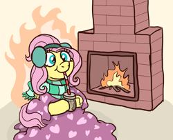 Size: 2763x2247 | Tagged: safe, artist:doodledonutart, imported from derpibooru, fluttershy, pegasus, pony, blanket, clothes, cute, drink, drinking, drinking straw, earmuffs, female, fire, fireplace, food, hoof hold, mare, ponytober, scarf, shyabetes, sitting, smiling, solo, striped scarf, tea