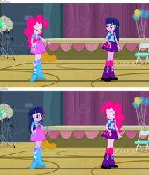 Size: 1920x2250 | Tagged: safe, artist:dustinwatsongkx, edit, edited screencap, imported from derpibooru, screencap, pinkie pie, twilight sparkle, human, equestria girls, equestria girls (movie), backpack, balloon, boots, bowtie, bracelet, camera, canterlot high, chair, clothes, clothes swap, cutie mark on clothes, door, gym, gymnasium, high heel boots, jacket, jewelry, light, photo booth, pumpkin, shirt, shoes, simple background, skirt, solo, stage, transparent background, vest