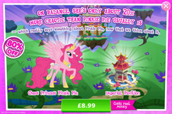 Size: 1961x1298 | Tagged: safe, idw, imported from derpibooru, pinkie pie, alicorn, pony, advertisement, alicornified, bonsai, costs real money, crown, english, female, gameloft, horn, idw showified, jewelry, mare, numbers, official, pinkiecorn, princess of chaos, race swap, regalia, sale, solo, solo focus, spread wings, text, tree, wings, xk-class end-of-the-world scenario