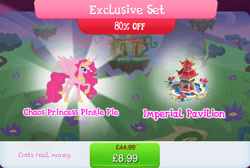 Size: 1266x852 | Tagged: safe, idw, imported from derpibooru, pinkie pie, alicorn, pony, alicornified, bonsai, bundle, costs real money, crown, english, female, gameloft, horn, idw showified, jewelry, mare, numbers, official, pinkiecorn, princess of chaos, race swap, regalia, sale, solo, solo focus, spread wings, text, tree, wings, xk-class end-of-the-world scenario