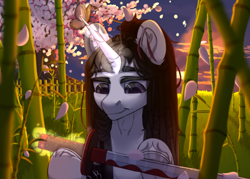 Size: 3500x2500 | Tagged: safe, artist:medkit, imported from derpibooru, oc, oc only, butterfly, pony, unicorn, bamboo, big eyes, cherry blossoms, cloud, eyes open, fence, grass, high res, katana, male, paint tool sai 2, petals, solo, stallion, sun, sunrise, sword, tree, weapon