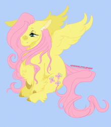 Size: 1280x1455 | Tagged: safe, artist:moonshade907, imported from derpibooru, fluttershy, pegasus, pony, blue background, blushing, cloven hooves, colored ear fluff, colored hooves, ear fluff, female, floppy ears, hair over one eye, looking away, looking down, mare, raised hoof, simple background, sitting, solo, spread wings, three quarter view, unshorn fetlocks, wings