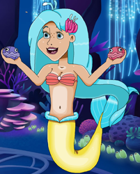 Size: 1204x1497 | Tagged: safe, artist:ocean lover, imported from derpibooru, princess skystar, shelldon, shelly, human, mermaid, my little pony: the movie, bare shoulders, beautiful, belly, belly button, blue eyes, blue hair, bra, breasts, cleavage, coral, creepy, disney style, female, fins, fish tail, freckles, human coloration, humanized, innocent, lipstick, mermaid princess, mermaid tail, mermaidized, nightmare fuel, ocean, open mouth, pearl, plants, pretty, seaquestria, seashell, seashell bra, skyabetes, smiling, solo, species swap, tail, underwater, water