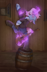 Size: 2100x3195 | Tagged: safe, artist:molars, imported from derpibooru, oc, oc only, oc:spring blossom, pony, unicorn, fallout equestria, alcohol, ashes town, barrel, beer, boots, commission, complex background, drunk, eyes closed, frog (hoof), guitar, levitation, magic, musical instrument, purple magic, shoes, smiling, solo, telekinesis, underhoof, unshorn fetlocks, wasteland, whiskey