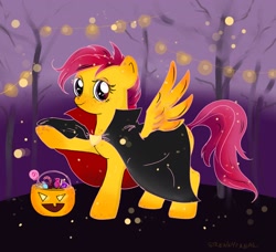 Size: 2048x1864 | Tagged: safe, artist:moonshineleo, artist:streakyfreak, imported from derpibooru, scootaloo, pegasus, pony, candy, cape, clothes, costume, female, filly, foal, food, halloween, halloween costume, holiday, lights, looking at you, outdoors, solo, tree, trick or treat