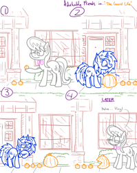 Size: 4779x6013 | Tagged: safe, artist:adorkabletwilightandfriends, imported from derpibooru, dj pon-3, octavia melody, vinyl scratch, earth pony, pony, unicorn, comic:adorkable twilight and friends, adorkable, adorkable friends, comic, cute, door, dork, female, friendship, front door, gaming, grass, halloween, happy, holiday, hoof on chin, house, mare, pac-man, pumpkin, reference, retro, roommates, smiling, tavi, thinking