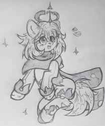 Size: 3168x3782 | Tagged: safe, artist:starkey, imported from derpibooru, earth pony, pony, cloak, clothes, ear fluff, female, genshin impact, mare, monochrome, nimbus, open mouth, paimon, ponified, solo, sparkles, surprised face, traditional art