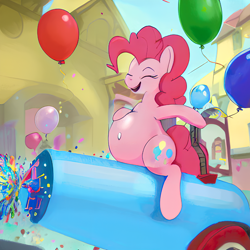 Size: 1024x1024 | Tagged: safe, imported from derpibooru, pinkie pie, earth pony, pony, ai content, ai generated, balloon, belly, belly button, big belly, cannon, confetti, hoof on belly, party, party cannon, preggy pie, pregnant, solo