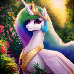 Size: 1024x1024 | Tagged: safe, editor:dovakkins, imported from derpibooru, princess celestia, alicorn, pony, ai content, ai generated, beautiful, bust, cute, female, flower, garden, generator:purplesmart.ai, generator:stable diffusion, jewelry, portrait, regalia, smiling, solo