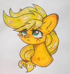 Size: 4096x4379 | Tagged: safe, artist:starkey, imported from derpibooru, applejack, earth pony, pony, braid, braided tail, bust, chest fluff, ear fluff, freckles, glare, rubber band, solo, tail, traditional art, wide eyes