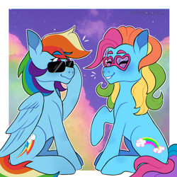 Size: 1280x1280 | Tagged: safe, artist:saltytangerine, imported from derpibooru, rainbow dash, rainbow dash (g3), earth pony, pegasus, pony, blue coat, duality, g3, g3 to g4, g4, generation leap, happy, looking at each other, looking at someone, multicolored hair, rainbow hair, raised eyebrow, raised hoof, raised leg, sitting, sky, smiling, sunglasses