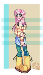 Size: 900x1570 | Tagged: safe, artist:schizparrot, imported from derpibooru, fluttershy, human, boots, bra, bra strap, clothes, cute, female, humanized, shoes, shyabetes, skirt, socks, solo, striped socks, sweater, sweatershy, underwear