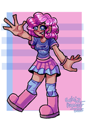 Size: 1920x2632 | Tagged: safe, artist:schizparrot, imported from derpibooru, pinkie pie, human, blushing, boots, bracelet, clothes, cute, dark skin, diapinkes, female, four fingers, grin, humanized, jesus wept, jewelry, shirt, shoes, skirt, smiling, socks, solo, starry eyes, t-shirt, wingding eyes