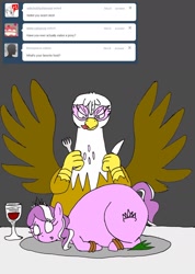 Size: 1280x1793 | Tagged: safe, artist:askgluttonousgilda, imported from derpibooru, diamond tiara, gilda, earth pony, griffon, pony, ask, bondage, carnivore, chubby diamond, fat, female, filly, foal, food chain, fork, gildough, griffons doing griffon things, hogtied, imminent vore, knife, licking, licking lips, mythologically accurate, person as food, predator, prey, tongue out