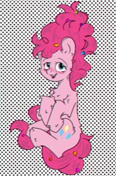 Size: 1278x1932 | Tagged: safe, artist:starkey, imported from derpibooru, pinkie pie, earth pony, pony, cheerful, chest fluff, chromatic aberration, confetti, digital art, ear fluff, eyestrain warning, full body, open mouth, polka dot background, smiling, solo