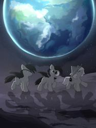 Size: 1649x2198 | Tagged: safe, artist:beardie, imported from derpibooru, princess luna, oc, oc:frolicsome meadowlark, oc:sunshine smiles (egophiliac), alicorn, bat pony, pony, moonstuck, bat pony oc, earth, female, filly, moon, woona, younger