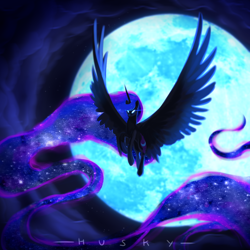 Size: 2000x2000 | Tagged: safe, artist:wolfythewolf555, imported from derpibooru, nightmare moon, alicorn, pony, female, flying, glowing, glowing eyes, large wings, mare, moon, solo, wings