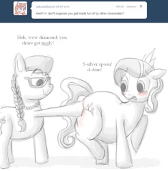 Size: 787x800 | Tagged: safe, artist:secretgoombaman12345, imported from derpibooru, diamond tiara, silver spoon, earth pony, pony, blushing, butt blush, butt touch, chubby diamond, embarrassed, fat, female, filly, foal, hoof on butt, looking at butt, partial color, simple background, white background