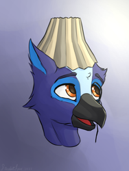 Size: 1800x2400 | Tagged: safe, artist:stardustspix, imported from derpibooru, oc, oc only, oc:goober blaubeak, griffon, abstract background, bust, griffon oc, hat, lampshade, lampshade hat, monocle, portrait, sternocleidomastoid