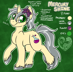 Size: 1358x1337 | Tagged: safe, artist:felisrandomis, imported from derpibooru, oc, oc only, oc:mercury shine, pony, unicorn, female, flower, flower in hair, glasses, mare, reference sheet, solo, unshorn fetlocks