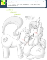 Size: 655x825 | Tagged: safe, artist:secretgoombaman12345, imported from derpibooru, diamond tiara, oc, oc:lemon lime, earth pony, pony, blushing, chubby diamond, fat, female, filly, foal, partial color, raspberry, simple background, sitting, tummy buzz, white background