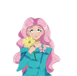 Size: 2100x2076 | Tagged: safe, artist:theladysknight, imported from derpibooru, fluttershy, human, female, flower, high res, humanized, looking up, shoulderless, simple background, smiling, solo, transparent background