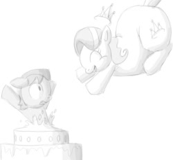 Size: 610x566 | Tagged: safe, artist:secretgoombaman12345, imported from derpibooru, diamond tiara, oc, earth pony, pony, chubby diamond, fat, female, filly, foal, imminent vore, monochrome, popping out of a cake, simple background, white background