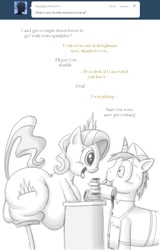 Size: 796x1246 | Tagged: safe, artist:secretgoombaman12345, imported from derpibooru, diamond tiara, donut joe, earth pony, pony, unicorn, ask, chubby diamond, duo, fat, female, looking at each other, looking at someone, male, mare, mouth hold, nervous, partial color, pinpoint eyes, simple background, stallion, sweat, white background, wide eyes