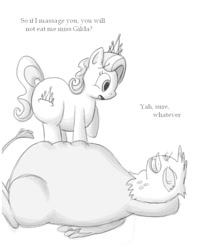 Size: 632x791 | Tagged: safe, artist:secretgoombaman12345, imported from derpibooru, diamond tiara, gilda, earth pony, griffon, pony, chubby diamond, fat, female, filly, foal, gildough, lying down, on back, partial color, simple background, white background